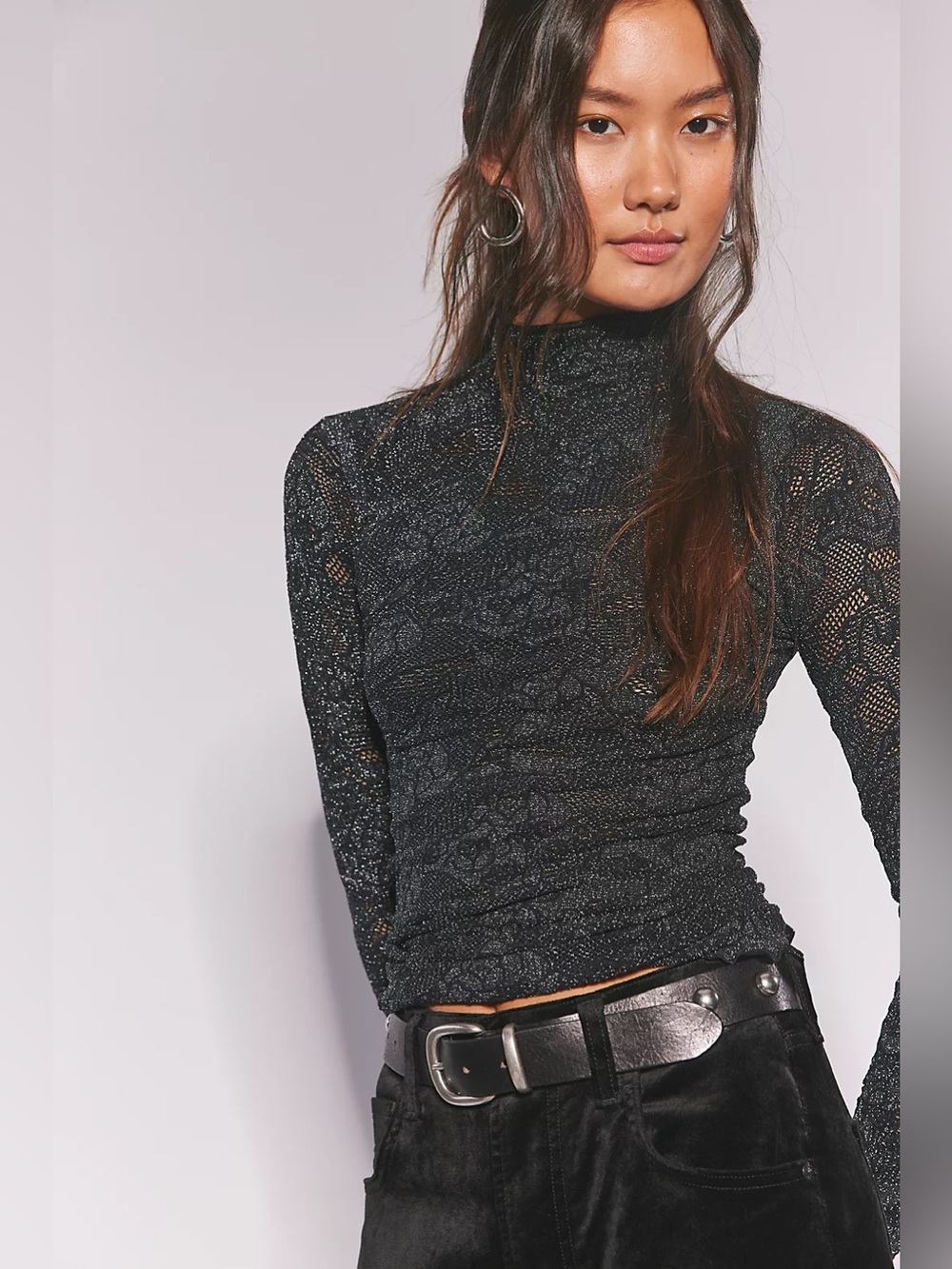 Free People Hidden Gem Layering Top Metallic Black Semi Sheer Witchy Size XS/S